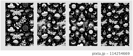 Seamless neo folk pattern with butterfly, moth and flowers, black and white floral design. Set Neo folk style endless backgrounds perfect for textile design. Seamless neo folk pattern with butterfly, moth and flowers, black and white floral design. Set Neo folk style endless backgrounds perfect for textile design. 114254669