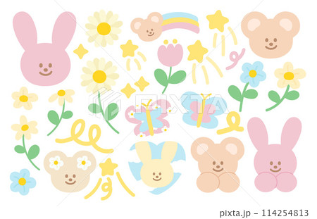 Pastel illustration of bunny, teddy bear, butterfly, flowers, shooting star, rainbow for animal, pet, vet, pet shop, sticker, logo, icon, cartoon, character, picnic, spring, summer, plush toy, doll Pastel illustration of bunny, teddy bear, butterfly, flowers, shooting star, rainbow for animal, pet, vet, pet shop, sticker, logo, icon, cartoon, character, picnic, spring, summer, plush toy, doll 114254813