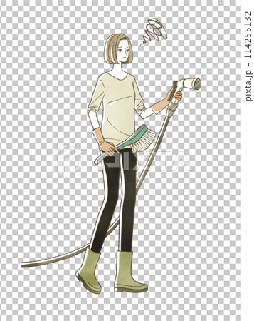 A woman holding a water hose with a troubled expression A woman holding a water hose with a troubled expression 114255132