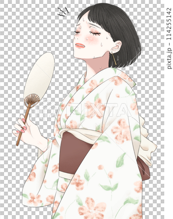 うちわで扇ぐ汗だくの浴衣姿の女性 114255142