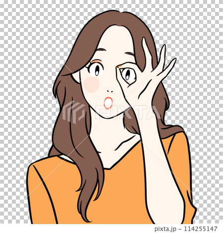 A woman with a surprised expression peers out from a circle made by her hands 114255147