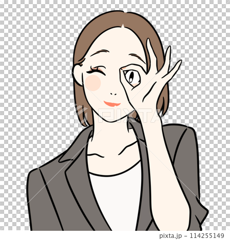 A woman in a suit peeking out from a circle made by her hands 114255149