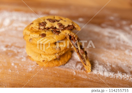 Home made giant cookies on wooden table with pieces of star anise and cinnamon Home made giant cookies on wooden table with pieces of star anise and cinnamon 114255755