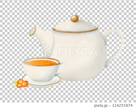 Sea buckthorn herbal tea in white ceramic teapot and cup watercolor isolated illustration with orange berries for tea packages, elegant party invitations, cafe menus and recipes with natural drinks Sea buckthorn herbal tea in white ceramic teapot and cup watercolor isolated illustration with orange berries for tea packages, elegant party invitations, cafe menus and recipes with natural drinks 114255874