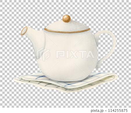 White ceramic teapot on striped table napkin or towel watercolor isolated illustration for cafe menu, herbal tea packages and elegant party invitations White ceramic teapot on striped table napkin or towel watercolor isolated illustration for cafe menu, herbal tea packages and elegant party invitations 114255875