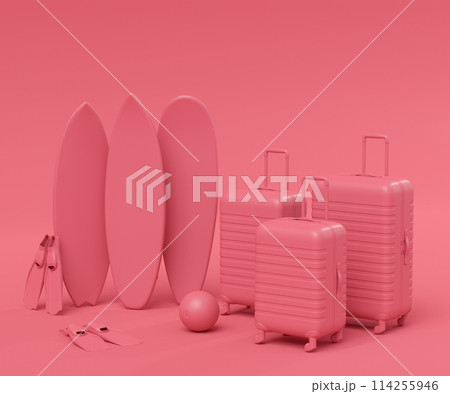 Suitcase with beach ball and surf board on monochrome background. Suitcase with beach ball and surf board on monochrome background. 114255946