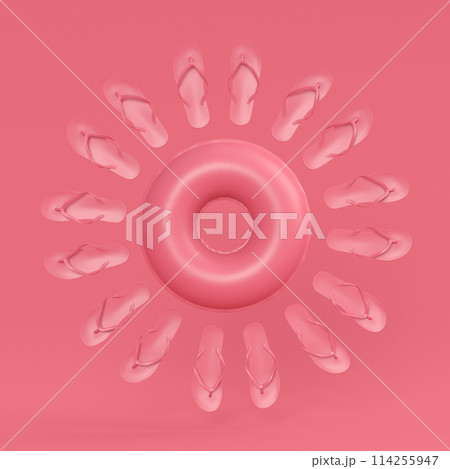 Colorful inflatable ring and flip flops like sun on monochrome background 114255947