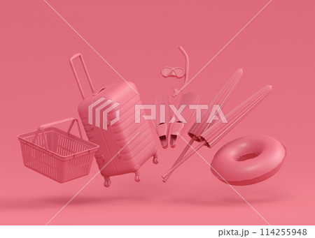 Colorful luggage with beach accessories and shopping basket on monochrome Colorful luggage with beach accessories and shopping basket on monochrome 114255948