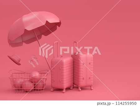 Colorful beach rings, chair, umbrellas and luggage on monochrome background. Colorful beach rings, chair, umbrellas and luggage on monochrome background. 114255950