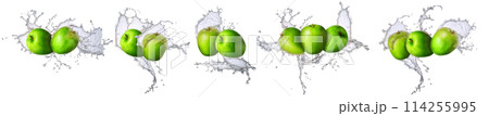 Group of fruits with water splash like green apple on white background Group of fruits with water splash like green apple on white background 114255995
