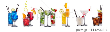 Set of cocktails with decoration from fruits isolated on white background 114256005