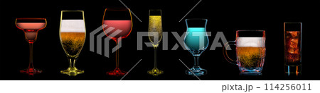 Silhouette of multicolor neon different glasses on black background Silhouette of multicolor neon different glasses on black background 114256011