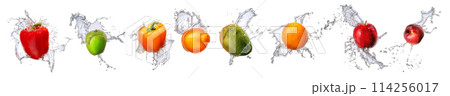 Group of fruits with water splash isolated on white background Group of fruits with water splash isolated on white background 114256017