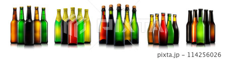 Set of beer, wine and champagne bottles isolated on white background 114256026