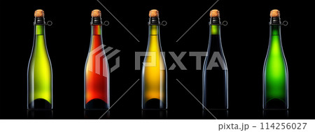Bottles of beer, cider or champagne isolated on black background 114256027