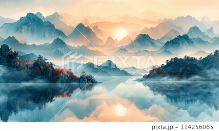 藍色の山々の風景イラスト 114256065