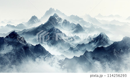 水墨画風の山々の風景イラスト 114256293