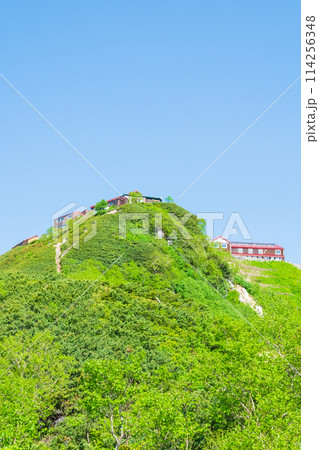 夏の燕岳登山（合戦尾根から望む燕山荘） 114256348