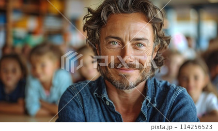 Adult male teacher smiling in front of classroom. World Teachers Day 114256523