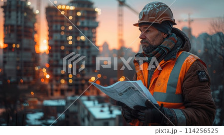 Construction worker with blueprint on urban site at dusk. 114256525