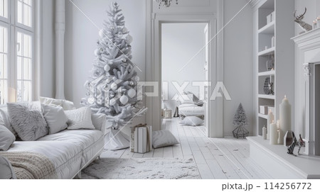 Elegant white Christmas interior with decorated tree and gifts. 114256772