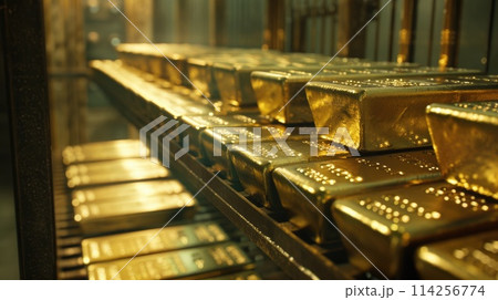 Open vault with gold bars in secure bank storage. 114256774