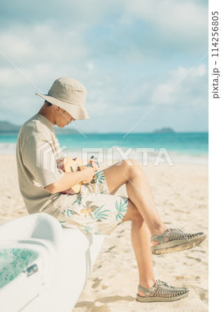 ハワイの砂浜で,ターコイズブルーの海をバックにウクレレをひく若い男性 114256805
