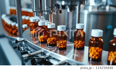Automated bottling line for orange pills in amber bottles. Industrial close-up photography. 114256898