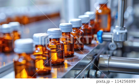 Production line of amber glass bottles for pharmaceutical use. Close-up industrial photography. 114256899
