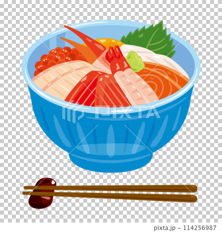 Bowl of rice topped with sashimi  114256987