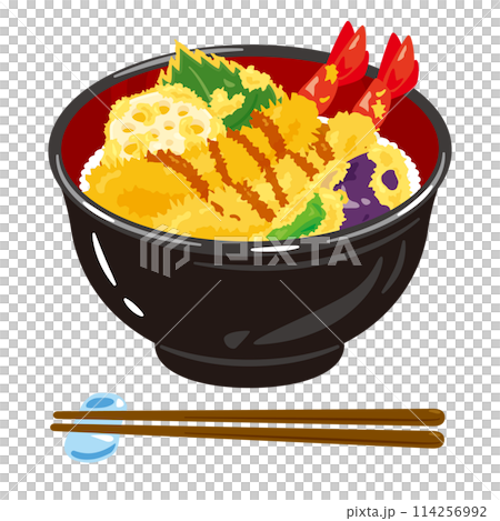 Bowl of rice and fried fish 114256992