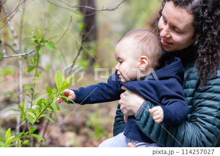 Caucasian Baby Boy and Mother in Forest playing with branches and trees. Caucasian Baby Boy and Mother in Forest playing with branches and trees. 114257027