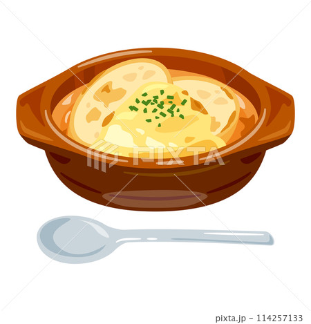 皿に盛られたオニオングラタンスープ 114257133