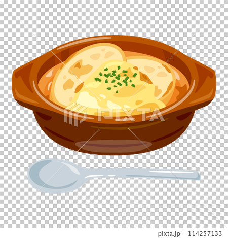 皿に盛られたオニオングラタンスープ 114257133