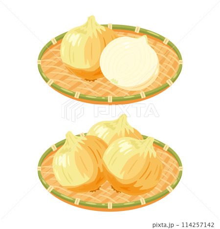 ザルに盛られた新玉ねぎ ザルに盛られた新玉ねぎ 114257142