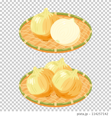ザルに盛られた新玉ねぎ ザルに盛られた新玉ねぎ 114257142