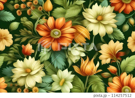 Flowers vintage seamless pattern. Floral nature decorative vintage background. Flowers vintage seamless pattern. Floral nature decorative vintage background. 114257512