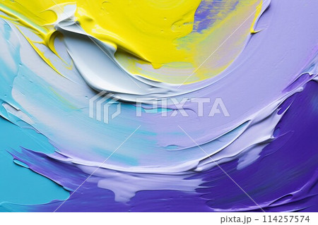 立体的な油絵・抽象背景バナー）黄色・紫・青緑のカーブ。AI生成画像 114257574