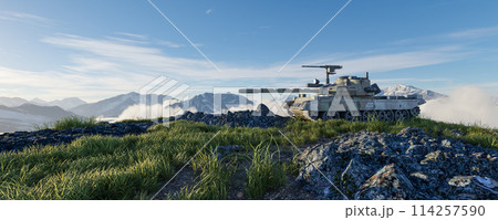 Armored Tank outside in Nature with Mountain Landscape in Background. 3d Rendering 114257590