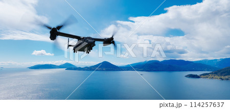 Military Aircraft flying over the Mountain Landscape. 3d Rendering. Background from BC, Canada 114257637