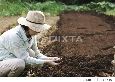 畑の土をチェックする女性 114257640