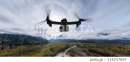 Military Aircraft flying over the Mountain Landscape. 3d Rendering. Background from BC, Canada 114257647