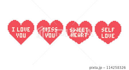 Pixel heart set with text in retro style. Vintage love symbol, 8 bit valentines day set. Pixel art for computer game. 114258326