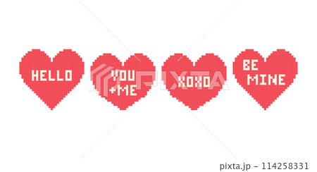 Pixel heart set with text in retro style. Vintage love symbol, 8 bit valentines day set. Pixel art for computer game. Pixel heart set with text in retro style. Vintage love symbol, 8 bit valentines day set. Pixel art for computer game. 114258331