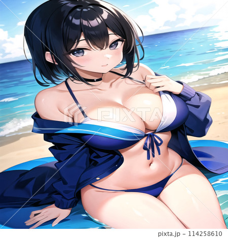 海で水着の女の子が海にいる夏のビーチの浜辺で海としている風景の