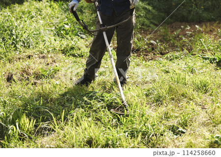 草刈機で雑草を刈る男性 114258660