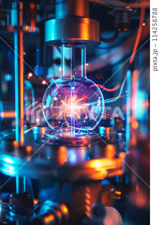 Subatomic proton particle collision in nuclear fusion experiment lab 114258788