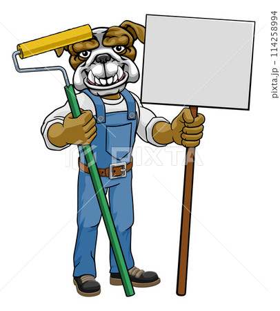 Bulldog Painter Decorator Paint Roller Mascot Man Bulldog Painter Decorator Paint Roller Mascot Man 114258994