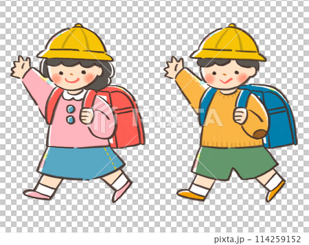 Set of boys and girls carrying school bags 114259152