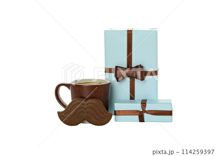 PNG, cup with gifts and mustache, isolated on white background. 114259397